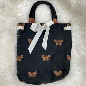 Vintage Satin carpet tapestry bag moths/butterfies with ribbon & acrylic handles